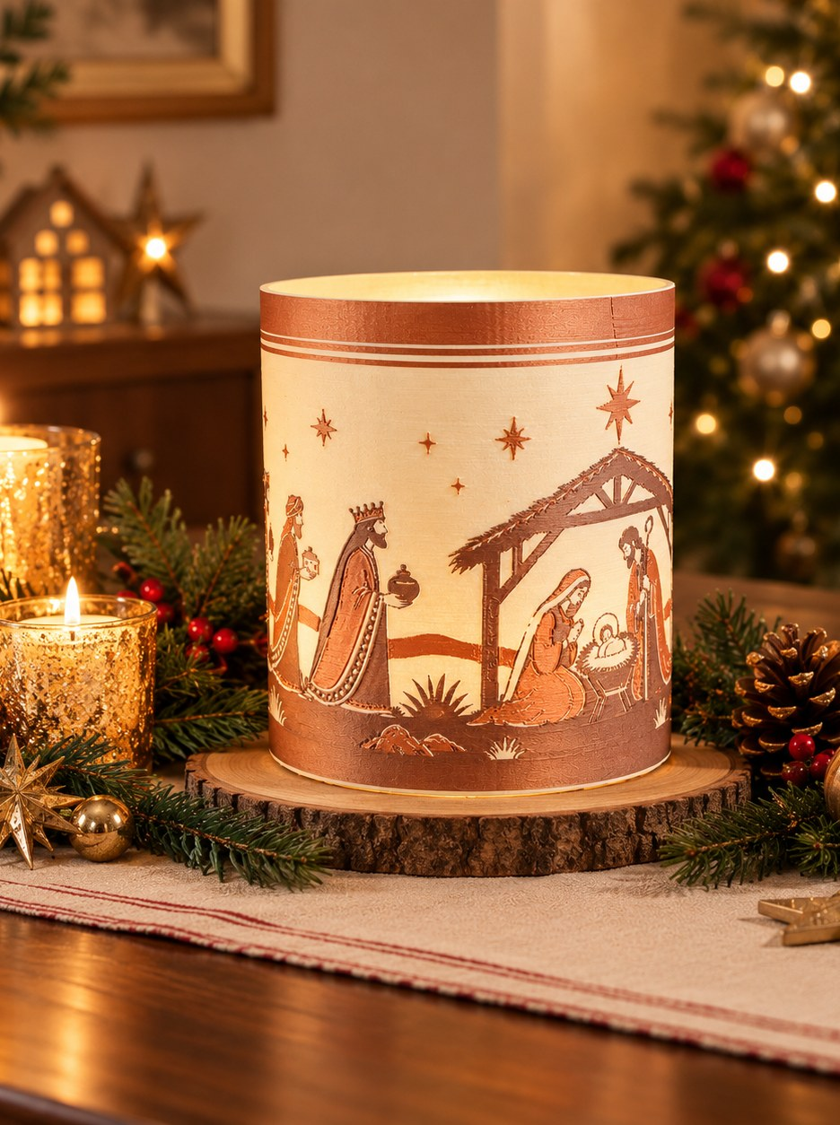 Nativity cylinder showing the stable, the three kings and stars, shown with Christmas candles and greenery